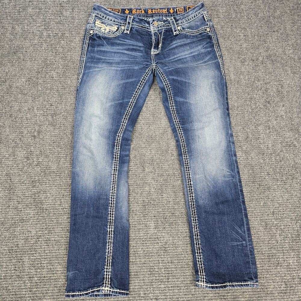 Rock Revival Avery Easy Capri Jeans Womens 28 31x29 Blue Fleur De Lis Rhinestone